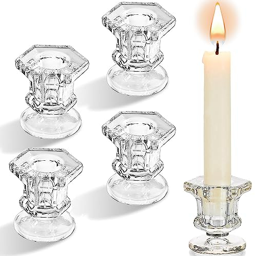 Clear Glass Candle Holder Set of 4- Aongray Taper Hexagonal Candlestick Holders for Wedding, Festival, Party &Table Decoration