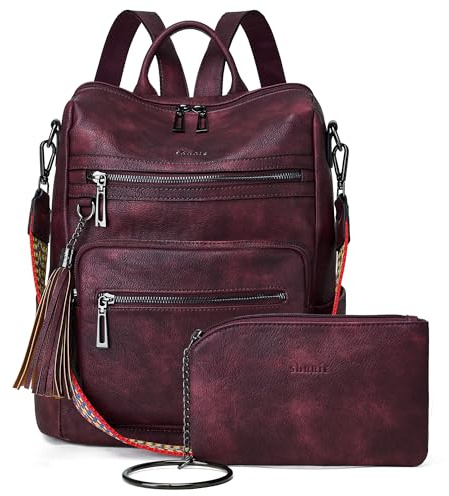 Shrrie Rucksack Damen,Cityrucksack Reiserucksack,PU Lederrucksack Handtasche Rucksack Damen Wasserdicht mit Geldbörse für Freizeit,Büro,Pendeln,Arbeit,Daypack-Zweifarbiges Kastanienbraun | Wasserabweisender, modischer Designer-Reiserucksack, wandelbare Umhängetasche mit Handgelenk, Gepäckgurt, für Freizeit, Uni