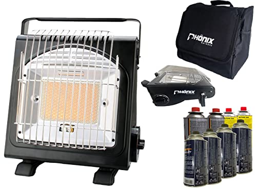 PHönix PH-100 Keramik Gasheizung Heizstrahler 1,7 KW Gasstrahler Camping Heizung Gaskocher + Tasche + 8 Gaskartuschen