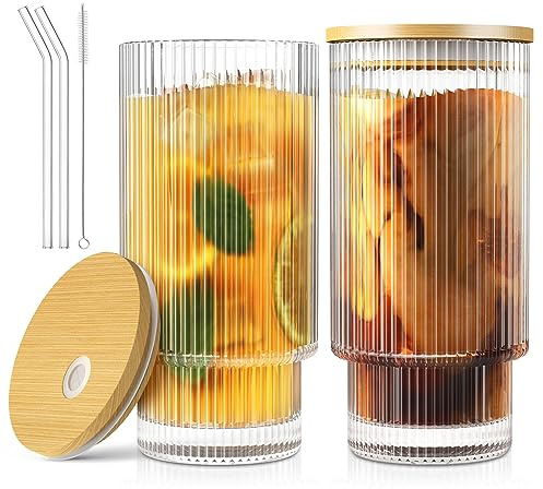 CWHHRN 16OZ Glass Cups with Lids and Straws, Vintage Glassware for Whiskey Cocktail Beer, Iced Coffee Cups with Lid, Glass Tumbler with Straw and Lid (2 PACK)