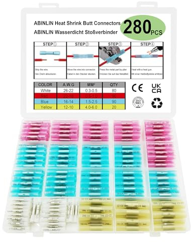 ABINLIN Heat Shrink Butt Connectors 280 Pcs - Waterproof Heat Shrink Wire Connectors, Automotive Electrical Connectors for Cables, Butt Terminal Crimp Connectors Kit (AWG10-26)