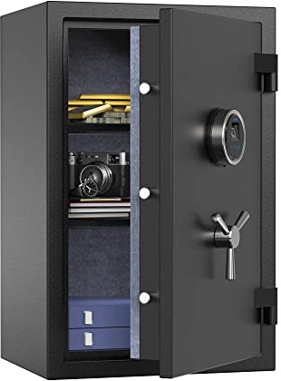 RPNB Digital Fireproof Safe Box, Biometric Fingerprint Fire Proof Safe with Touch Screen, Removable Shelf and 3 Spoke Safe Handle, Suitable for Home Office Hotel, 60 L, Black