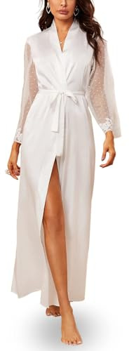 ROSVAJFY Women's Sexy Long Satin Kimono Robe Polka Dot Mesh Long Sleeve Patchwork Robe Silky Kimono Bathrobe Soft Lace Dressing Gown Bridal Bridesmaid Robe Babydoll Lingerie