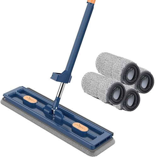 ZZPXMY Grand Balai à Franges Plat, Humide et Sec, Balai à Franges Mains Libres, Outil de Nettoyage Multifonctionnel pour la Maison et 4 tampons à Franges réutilisables