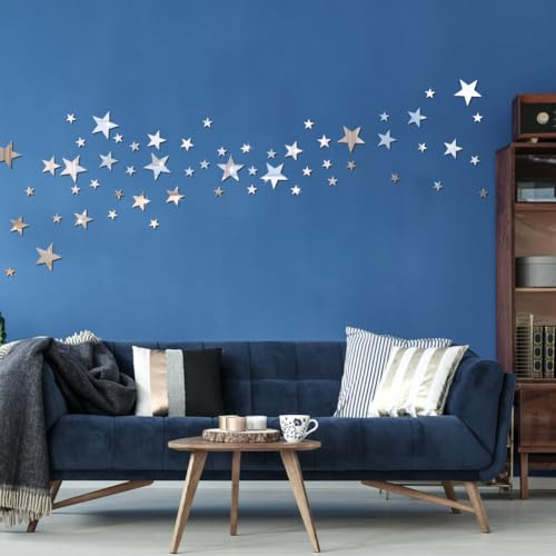 Adesivi Murali Specchio Stelle, 40 Pz 3D Stelle Rimovibili Adesive per Parete, Argento Acrilico, per Soggiorno e Camera da Letto Decor