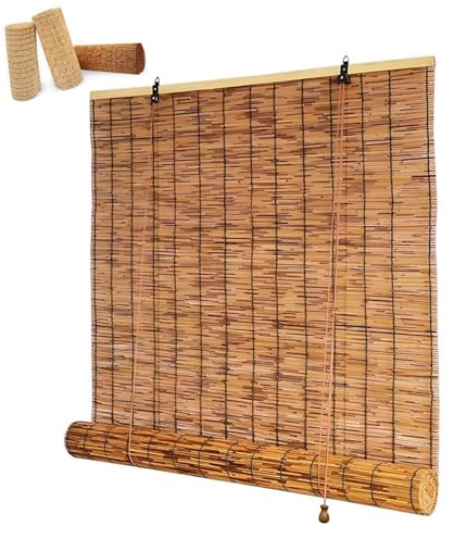 Bambus Rollo Jalousine Natür Bambusrollo Wetterfest Mit Lifter Retro Schilf Vorhang 90 100 120 150 cm Breit Sonnenschutz Sichtschutz Rollo Anti-UV Bambus Rollo Outdoor Raffrollo Mit Hakenaufhängung (