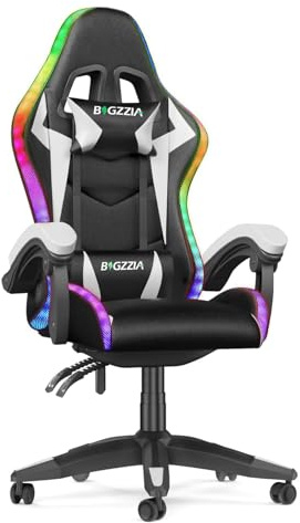 bigzzia Gaming Stuhl mit LED - Gaming Sessel Ergonomischer PC Stuhl mit Kopfstütze, Gaming Chair RGB Licht Beleuchtung Computerstuhl, Gamer Stuhl für Jugendliche und Erwachsene, schwarz-weiß