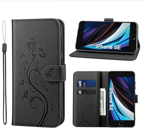 KRAFTCARE Lederhülle kompatibel mit iPhone SE 2022/2020 Hülle, Handyhülle für iPhone 8/7 Premium PU Leder Wallet mit Kartenfach Ständer Klapphülle Schutzhülle für iPhone 7/8/SE, Schwarz