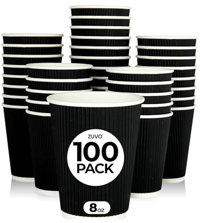 Zuvo Takeaway Coffee Cups 8 OZ - NO Lids - 100 Disposable Black Ripple Coffee Cups - Ideal for Takeaways