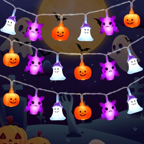 Gcstnn Halloween Lichterkette Dekorationen, 3M 20LED Orange Kürbis Fledermaus Geist Lichterketten Batterie mit Timer, für Halloween Thema Party, Karneval, Veranda, Fenster, Dekoration