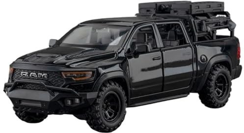 EMRGAZQD Motorfahrzeuge Replika Auto 1/32 for Ram 1500 TRX Mammoth Scale Fertigmodellauto Druckguss-Geländefahrzeuge Mit Ton Und Licht Originalgetreue Nachbildung(Black)