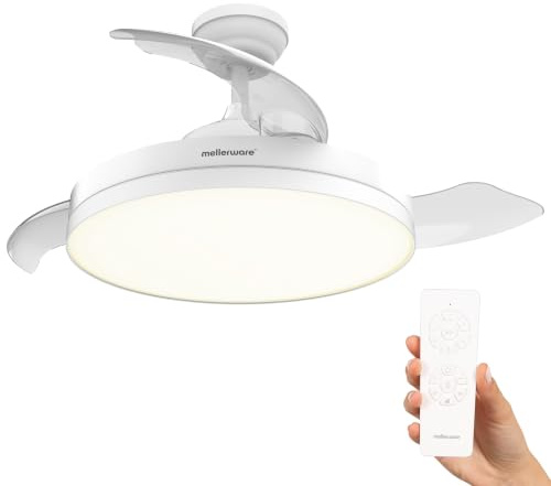 Mellerware - Ventilador de techo retráctil Brizy plegable de 40 W | 6 velocidades | 3 aspas | Ø 106 cm | Motor DC ultra silencioso | Temporizador | Función verano invierno | Luz LED