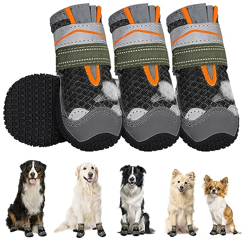 SlowTon Hundeschuhe Pfotenschutz, 4 Stück atmungsaktive Hunde Schuhe Outdoor mit Rutschfester Sohle, verstellbarem reflektierendem Klettverschluss Hundestiefel für kleine, mittlere und große Hunde