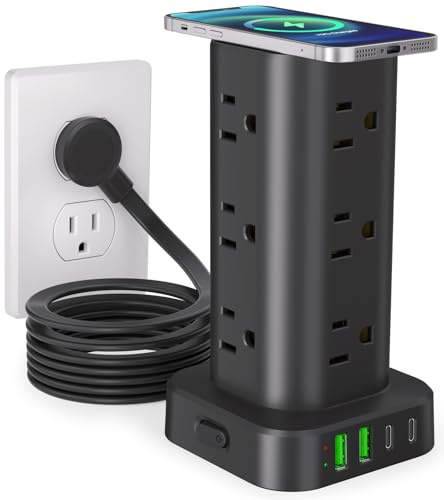 Power Strip Tower with Wireless Charger, 10 Feet, Black