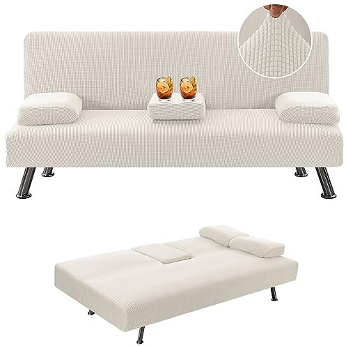 Stretchhussen für Sofa/Bett, Schonbezug mit abnehmbaren Armlehnen, Getränkehalter und Klick-Klack-Funktion, Weiß, 4 Stück