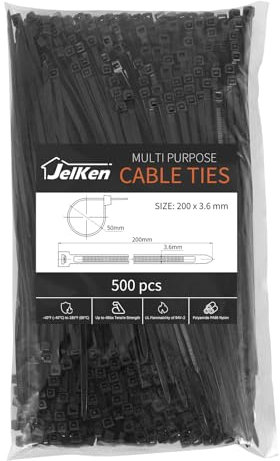 JelKen 500 Pack Black Cable Ties, 200mm x 3.6mm, 8 Nylon Tie Wraps, Self-Locking Strong Zip Ties for Home Office and Garden