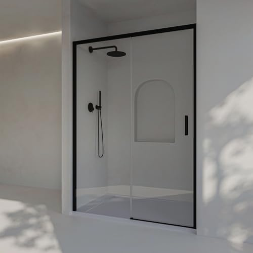 SoulHome Mampara ducha frontal 123,5 a 128 cm x 195cm H, REVERSIBLE, Negro | 1 Corredera + 1 Fijo, Sin Perfil Inferior, Vidrio transparente de seguridad 6mm, tratamiento antical, Medida 125cm