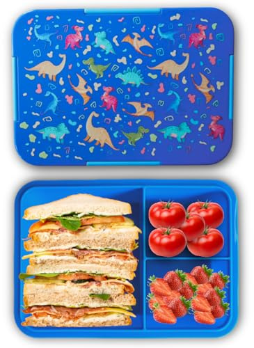 Generisch Kinder Brotdose Dinosaurier Blau – Bento Lunchbox mit 3 Fächern, auslaufsicher & BPA-frei – Mikrowellen- & Spülmaschinengeeignet – Pausenbox für Kita & Schule, 1120 ml