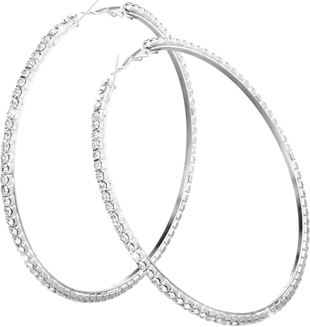Pendientes de aro grandes con diamantes de imitación para mujer, aretes de aro grandes de plata con diamantes de imitación para bodas y fiestas, 80mm, Metal, Sin piedra preciosa