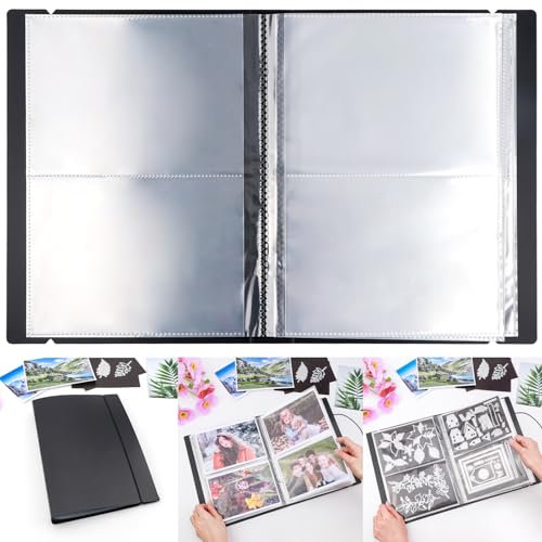 20 Pages / 80 Pockets Stamps and Dies Storage Album Book Organizer Folder Plastic Large Sticker Photo Storage Bags for Cutting Dies Stencil Stamp Crafts DIY Scrapbooking 7x5.1inch/Pocket (Black)