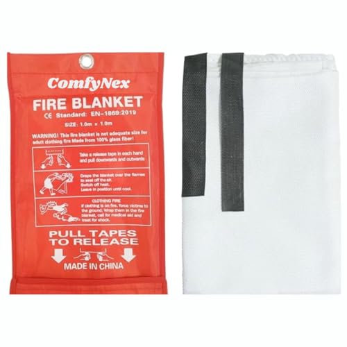 ComfyNex Large 1M x 1M Fire Blanket with Loops – Wall Mountable Emergency Fire Safety Blanket for Home, Kitchen & Office – Quick Release Fire Protection for Cooking & Electrical Fires