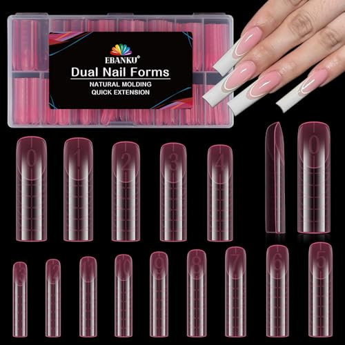 EBANKU 140PCS Polygel Tips Nagelformen, Rosa Wiederverwendbar Dual Tips Nägel für Nagelverlängerung Rosa Square Form Acryl Sarg Nagel Erweiterung Tips Nagelspitzen Form, 14 Größen