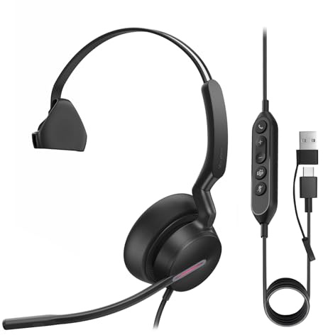 Yealink UH46 Casque USB avec Microphone antibruit, Casque Filaire Mono-auriculaire pour PC (USB-C/A) avec contrôle des appels, idéal pour Le Travail, Les Bureaux et Les centres d'appels