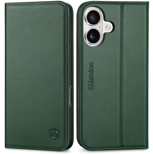 SHIELDON Echtleder Hülle für iPhone 17 6,3 5G 2025, Nachtgrün | Lederhülle, Schutzhülle, Cover Etui, RFID Blocker, Handy-Ösen, Kartenhalter, Ständer, TPU Magnetische Klapphülle