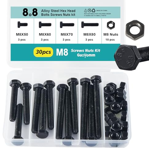 GuoYomm Set di 30 viti esagonali M8, bulloni e dadi, viti per macchine, acciaio al carbonio a 8,8 gradi, lunghezze: 50 mm, 60 mm, 70 mm, 80 mm