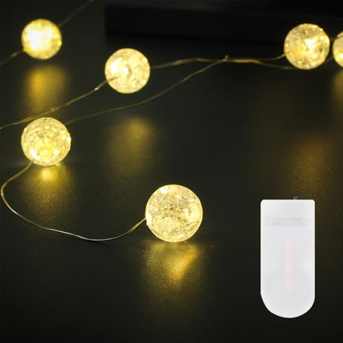 Kaleora LED Lichterkette Kristallkugeln, 1M 10 LED Crackle Ball Lichterkette mit 2 x CR2032 Batterie, Warmweiß Kristall Kugeln Lichterketten für Weihnachten, Valentinstag, Kinderzimmer, Party Deko