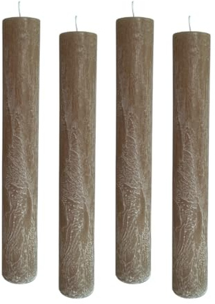 ukiyo 4er Pack Rustikale Stabkerzen H:24 cm Ø:3,4 cm - 24 Stunden Brenndauer - Dicke Kerzen Dinnerkerzen Tafelkerzen Kirchenkerzen, Farbe:Taupe