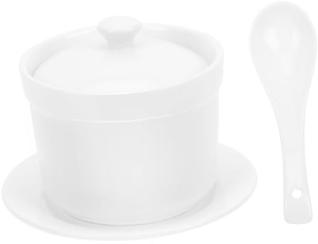 NUOBESTY Olla Pequeña de para Guisos con Tapa Cuenco Sopero de Porcelana para Uso Doméstico Incluye Cuchara Curva y Plato Plano Apto para Vapor y Estofado