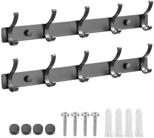 2 Pack Coat Hooks Wall Mounted with 10 Hooks Total , Hanger Wall Double Hook Rack, Heavy Duty Rust-Proof Coat Rack for Jackets, Bags, Hats & Towels in Bathroom, Bedroom, Kitchen & Entryway (grey)