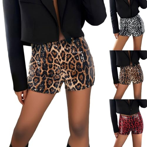 Generisch Glitzer Shorts Leopard Hotpants Pailletten Mini Shorts Damen Skinny Kurz Hose Mit Pailletten Perlen Hohe Taille Short Festivals Outfits Booty Hot Pants Sparkly Tanz Short Party Clubwear