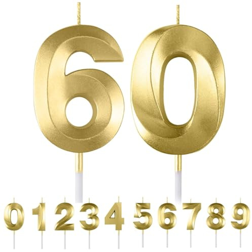 HattusaShield Número 60 Vela de Cumpleaños, Dorada 3D Diseñada Numeros Velas con Número para Decoración de Tartas para Bodas, Aniversarios, Cumpleaños, Reuniones, Fiestas Temáticas Celebración