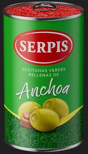 Serpis Aceitunas Verdes Rellenas de Anchoa, Olive Verdi Spagnole Ripiene di Acciuga, Latta da 300 g, Confezione da 3