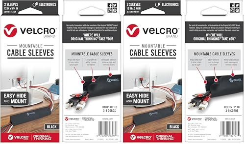 VELCRO Brand | Mountable Cable Sleeves Roll | Cable Tidy | Perfect Desk Organiser for Cable Management | 30cm x 14.6cm | Black (Pack of 2)
