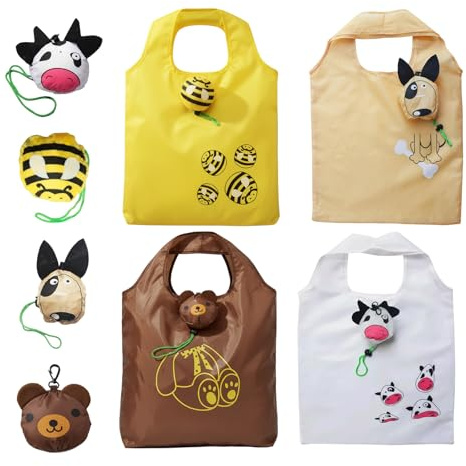BrKern 4er Set Faltbare Einkaufstasche Wiederverwendbar – Stabile Shopping Bag mit Tiermotiven (Biene, Bär, Hund, Kuh) – Wasserdichte Einkaufsbeutel Klein Zusammenfaltbar für Reise & Supermarkt