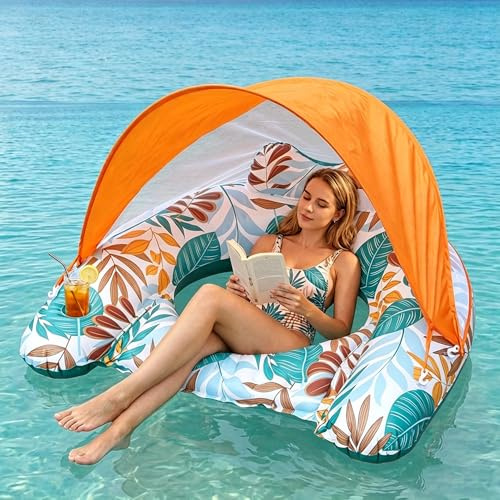 Aufblasbare Pool Luftmatratze, 2-In-1 Schwimmsessel Pool-Flöße Wasserhängematte für Erwachsene mit Verstellbarem Sonnendach, Luftmatratze Wasser Schwimmreifen Wasserspielzeug Sommer Meer Strand
