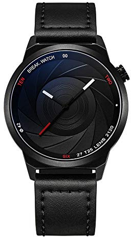 break Reloj de Cuarzo Creativo para Hombres y Mujeres, Unisex, diseño único, fotógrafo, Serie de Moda, Casual, Fresco, Negocios, Impermeable, analógico, Vestido, Cuero Negro, Correa