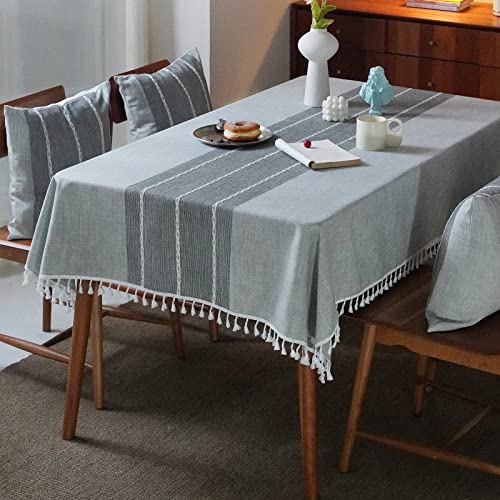MOKANI Middle Embroidery Table Cloth Washable Cotton Linen Tassel Tablecloth, Square Wrinkle Free Anti-Fading Table Cover for Kitchen Dinning Thanksgiving Christmas (55 x 55 Inch, Gray)