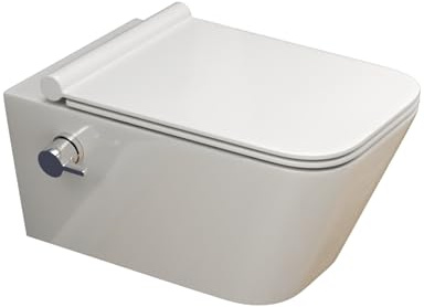 SSWW Dusch-WC mit Armatur 54 cm – Taharet-WC, Hänge-WC mit Bidetfunktion | Nanobeschichtung, integrierte Düse aus Edelstahl, Warm-Kalt-Mischer, WC-Sitz mit Absenkautomatik, Weiß, Unterspülrand