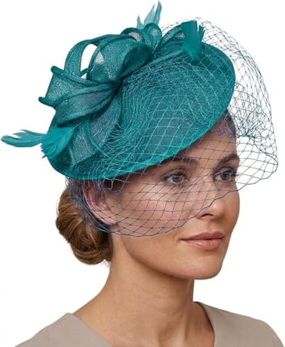 Caprilite Sinamay Fascinator mit Untertasse, Fascinator, für Hochzeit, Ascot-Hut, Vogelkäfig-Schleier, blaugrün, Einheitsgröße