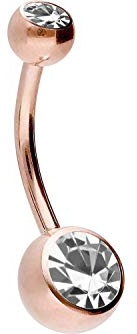 PIERCINGLINE Bauchnabelpiercing Titan 2 KUGELN MIT KRISTALL Piercing Bananabell Banane Roségoldfarben Kristallklar 10 mm