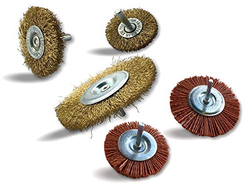 Assortiment de 5 brosses rotatives circulaires | Brins laiton Ø 0,20 mm souple Ø 50-75-100 mm | Brins nylon abrasif grain 80 Ø 75-100 mm | Sur tige Ø 6 mm | Pour perceuse | Kibros 26xxNL8x5div