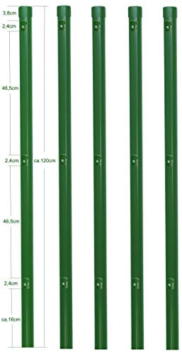 5x Metallzaunpfosten Ø34 mm, 120 cm, Pulverbeschichtet RAL 6005 Moosgrün, inkl. 3 Spanndrahthalter & Pfostenkappe, für Maschendrahtzaun bis 1 m, Garten, Tiergehege, Zubehör erhältlich