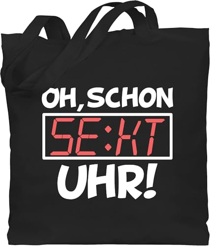 Baumwolltasche - Party & Alkohol Damen - Oh schon Sekt Uhr - Unisize - Schwarz - beutel+mit+sprüchen+lustig sprüche alki beutel jutetasche mit spruch sprueche es ist stoffbeutel lustiger sprüchen