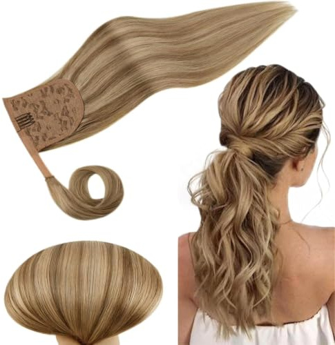 RUNATURE Ponytail Extensions Echthaar Braun Blond 40cm 80g #10P16 | Pferdeschwanz Haarteil–hitzebeständig, langlebig, Remy Haar, doppelt gewebt. Atmungsaktiv, kein Verknoten, eleganter Zopf.