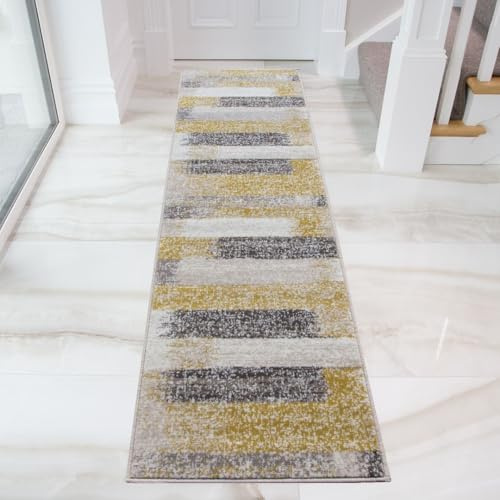 Durable Abstract Ochre Grey Striped Hallway Long Carpet Runner Rug Distressed Yellow Mustard Slate Painterly Lounge Bedroom Living Room Narrow Rugs 60cm x 240cm