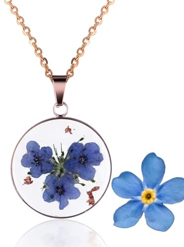 HALUKAKAH Collar Chapado en Oro Rosa para Mujeres,Nomeolvides Hecho a Mano y Encaje de Reina Ana Prensado,Joyería de Flor de Nacimiento Único,Flores Reales en Colgante de Bisel,Cadena de 45cm